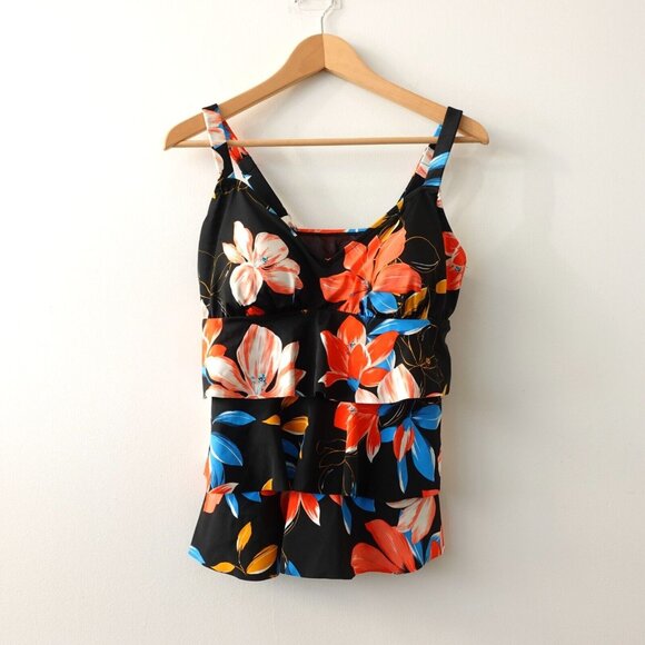 Black Floral Tankini Swim Top Large Layered V‎ Neck Bold Hawaiian Boho Beach - Picture 1 of 8